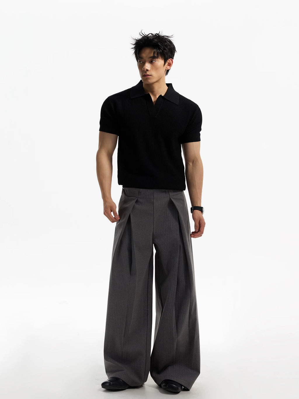 DAY NY Striped Wide-leg Pleated Straight Trousers