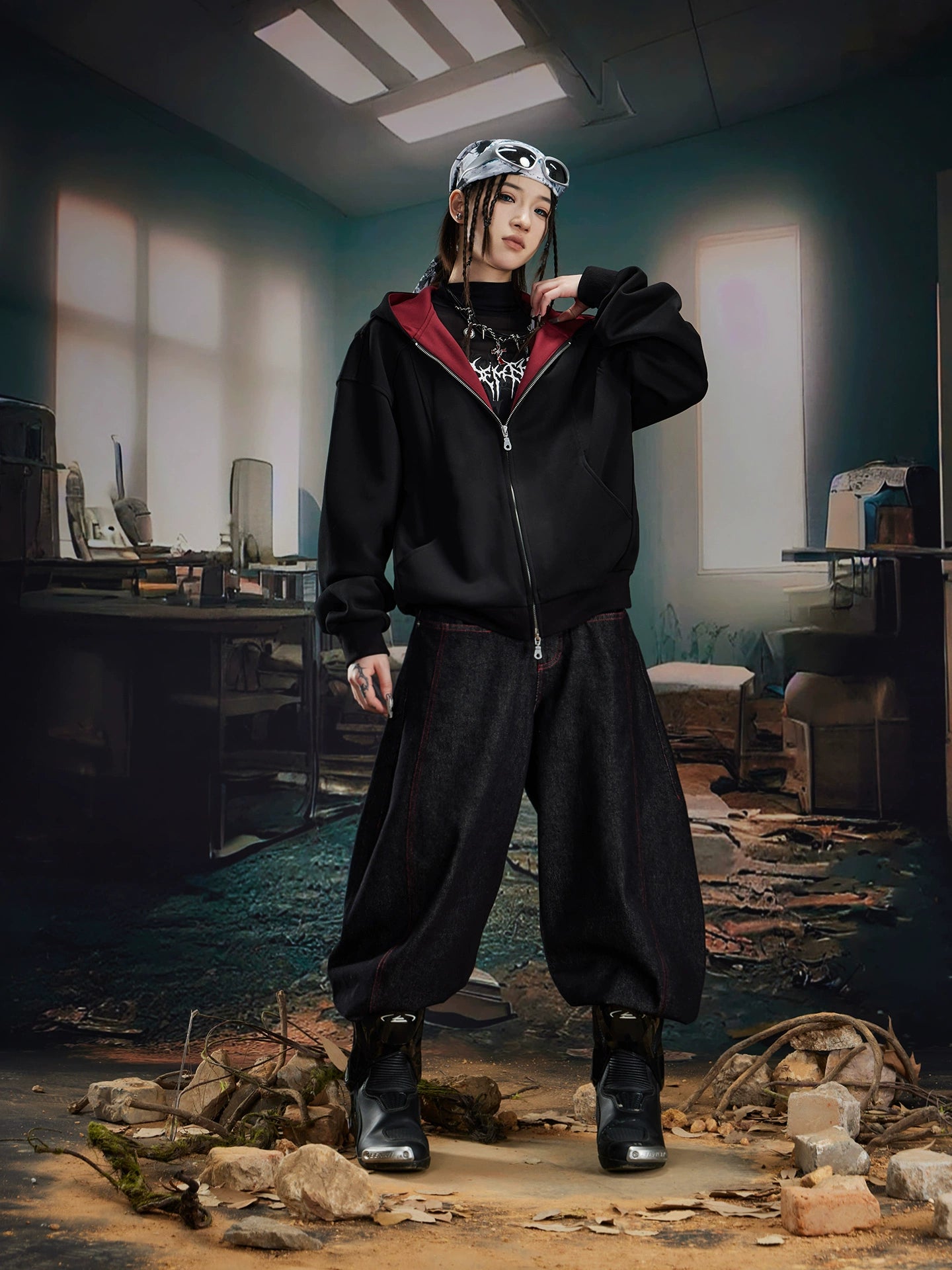 NOMANIAI Simple Casual Splicing Contrasting Color Loose Zipper Knitted Cardigan