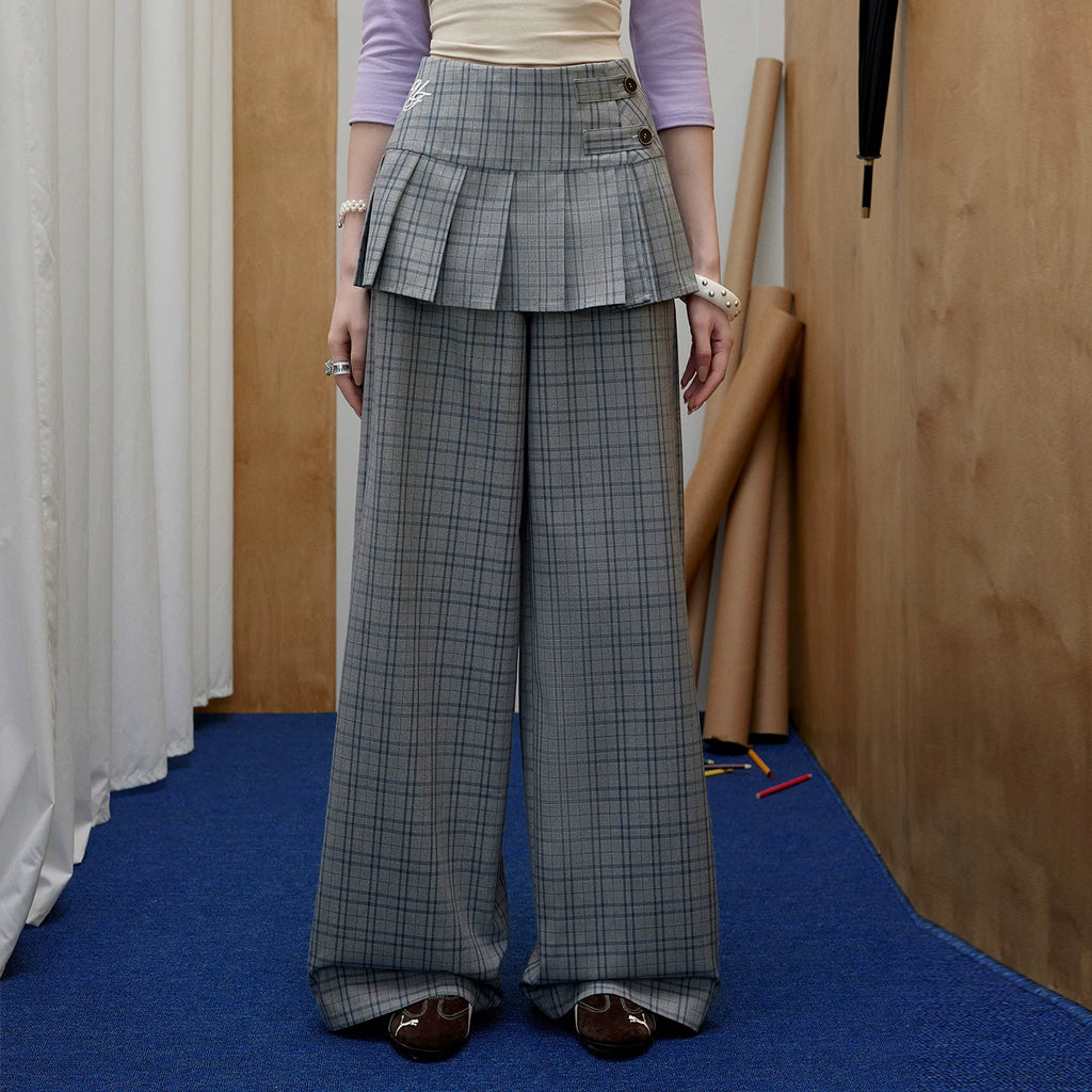 UNIFREE Plaid Straight Loose Wide Leg Skirt Fake Two-Piece Floor Pants