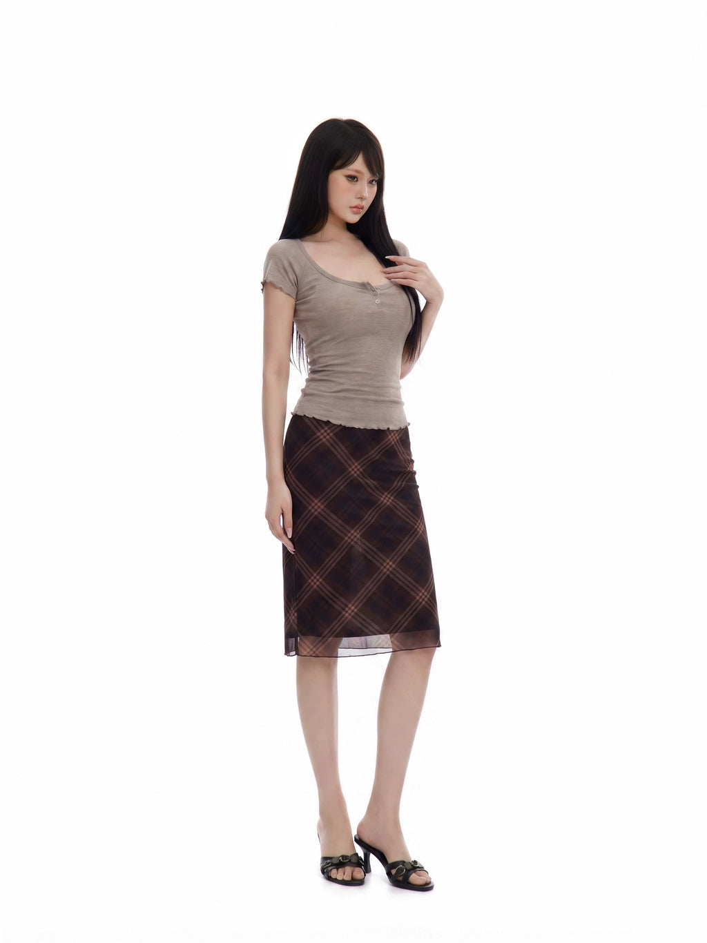 WITHMIN Plaid Mesh Stitching Low-rise Skirt