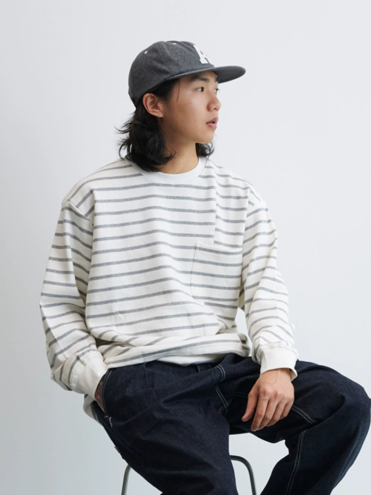 NUMBERSALT Japanese Casual Loose Crew Neck Striped Long Sleeve