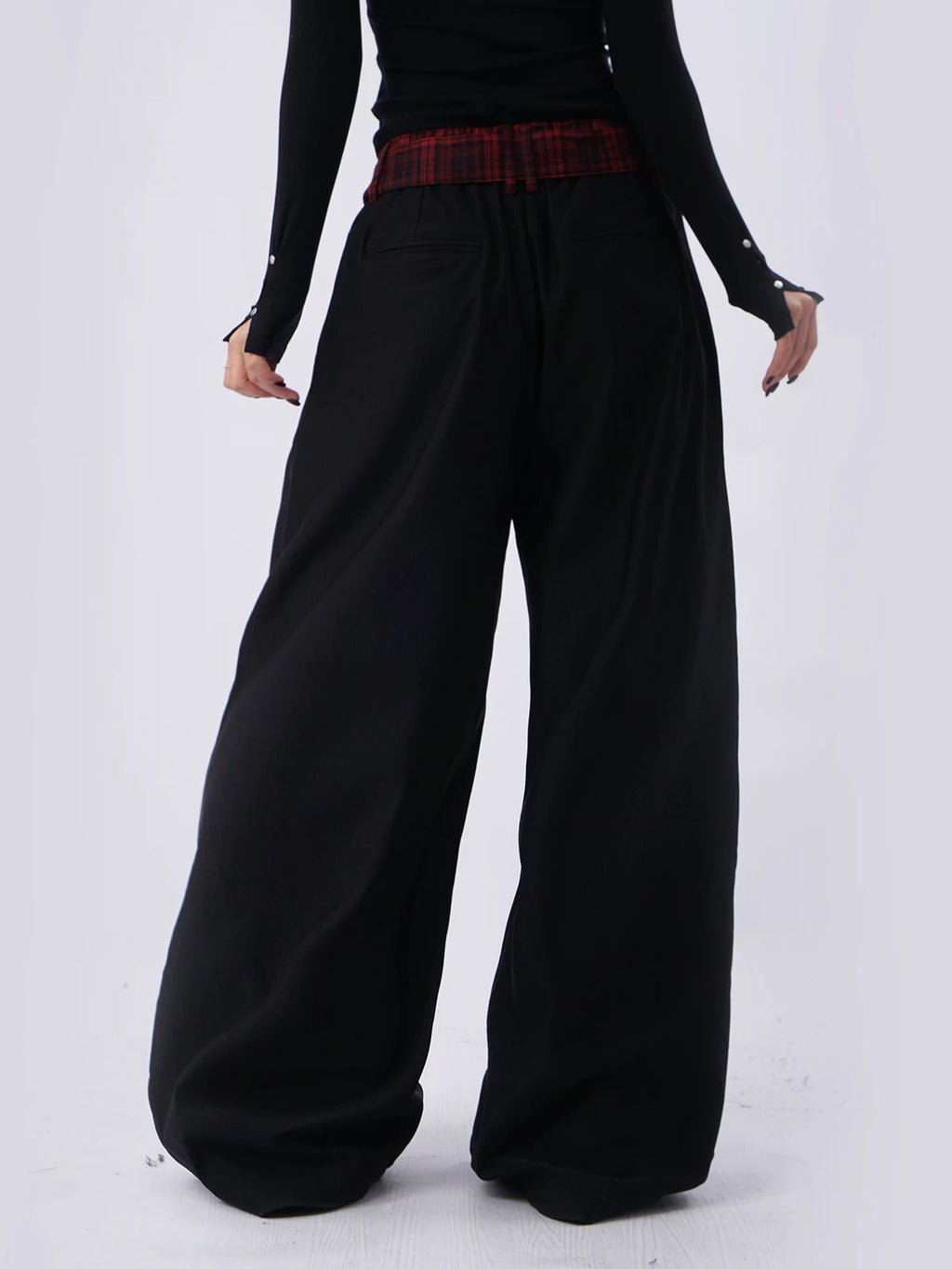 SAMUSAN Ribbon Checked Waist Stitched Wide-leg Slacks