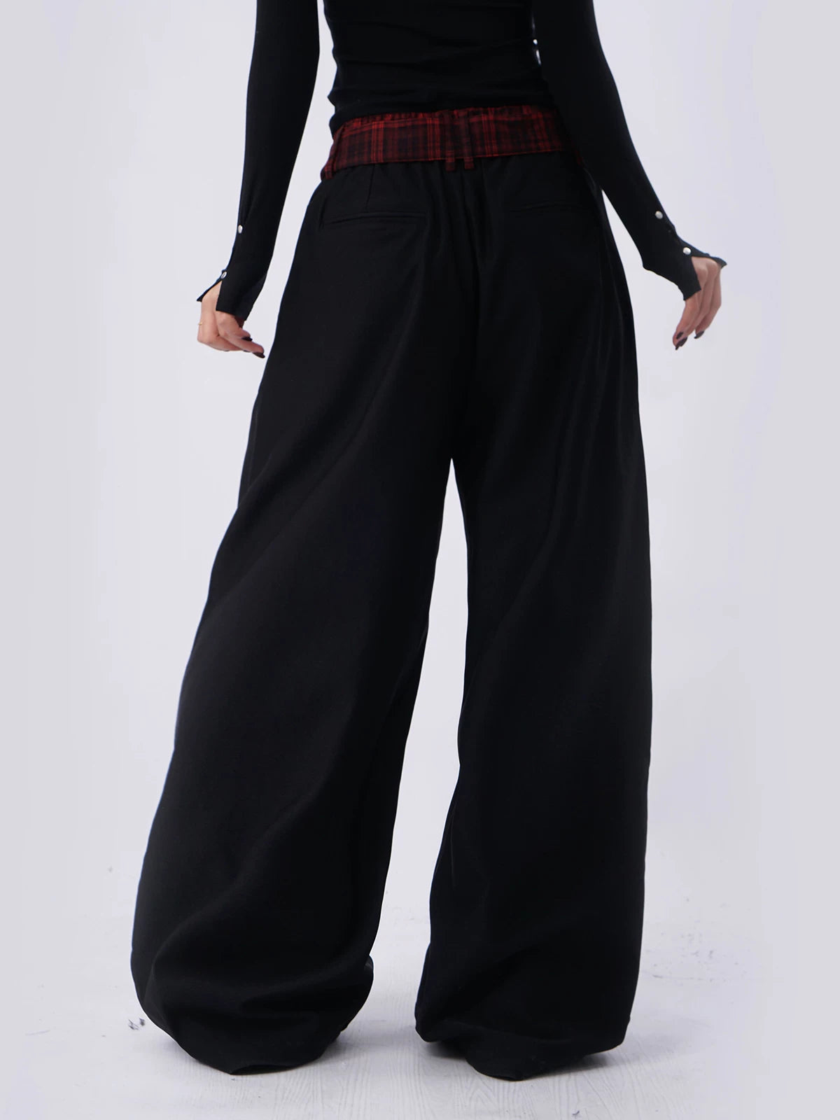 SAMUSAN Ribbon Checked Waist Stitched Wide-leg Slacks