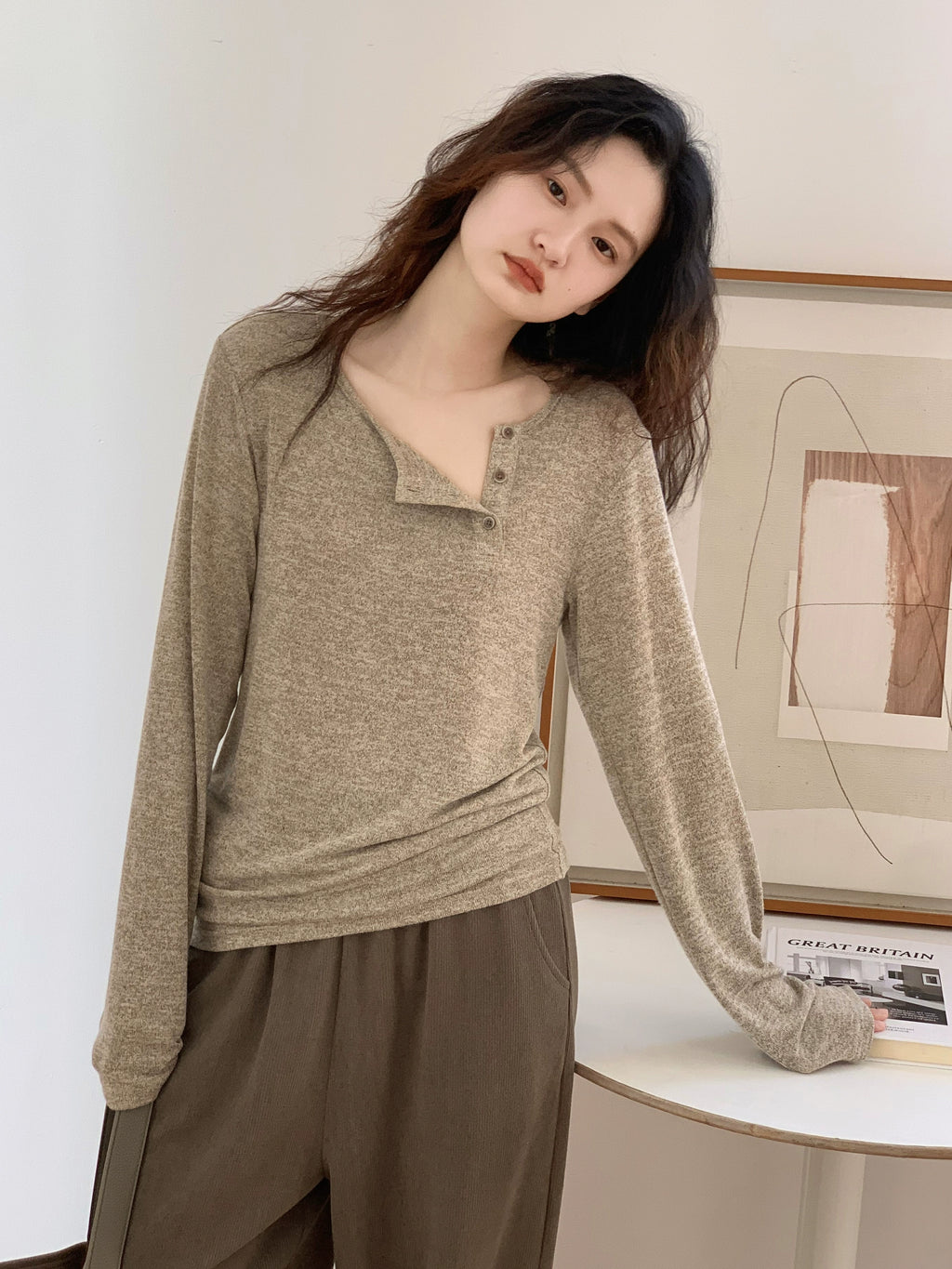 EM Diagonal Button Design Knitted Long Sleeve