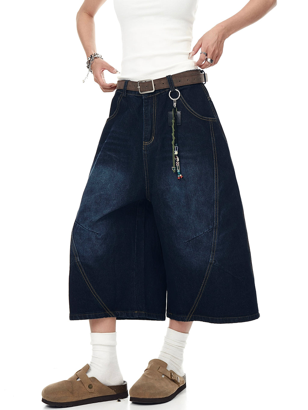 BLACKLISTS Leopard Print Stitched Embroidered Denim Shorts