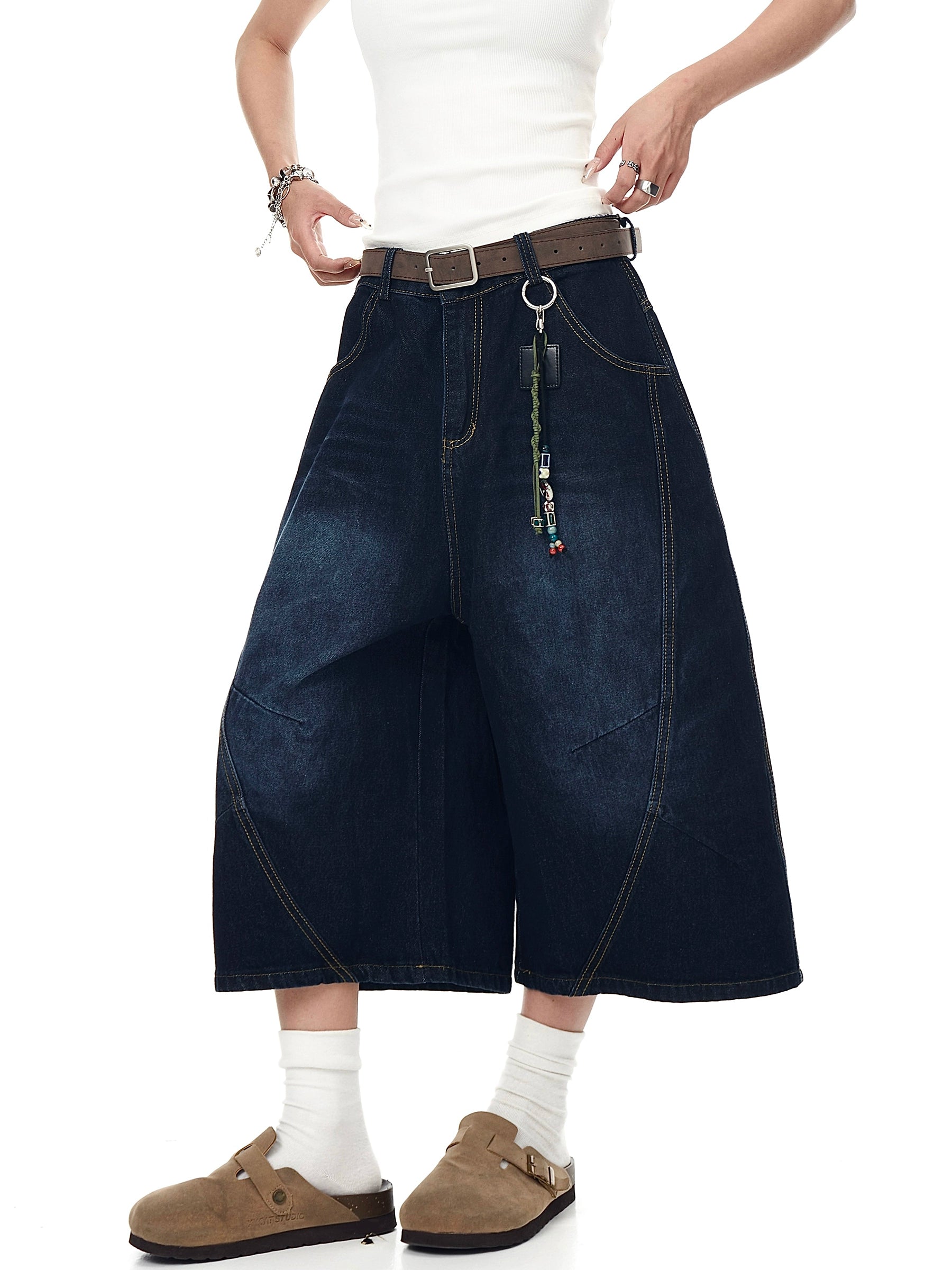 BLACKLISTS Leopard Print Stitched Embroidered Denim Shorts