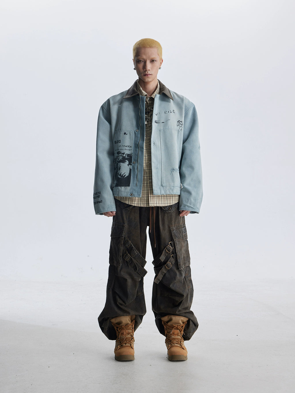 NOMANIAI Vintage Double-sided Print Lapel-neck Leather-neck Zip-up Jacket