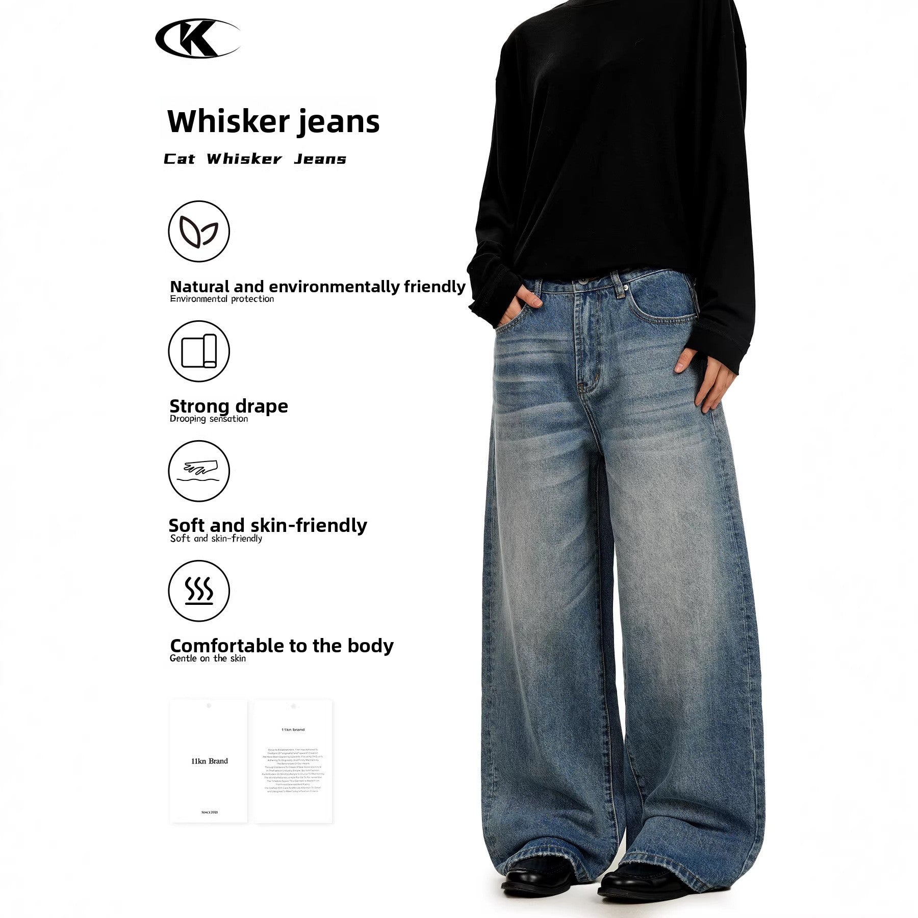 11KN retro washed blue straight wide-leg jeans pants