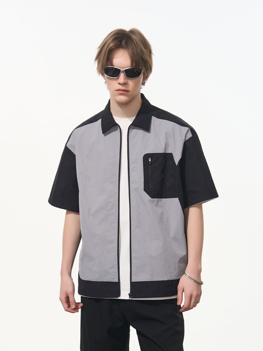 Harshandcruel Outdoor Contrast Splicing Deconstruction Short Sleeve Zipper Shirt