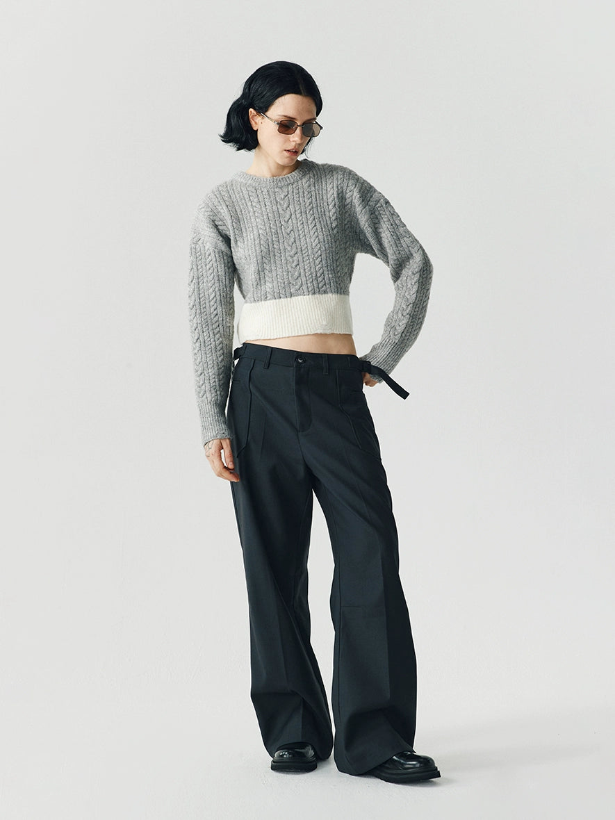 LIMPIDOCULUS Contrasting Color Retro Twisted Waist Crew Neck Sweater