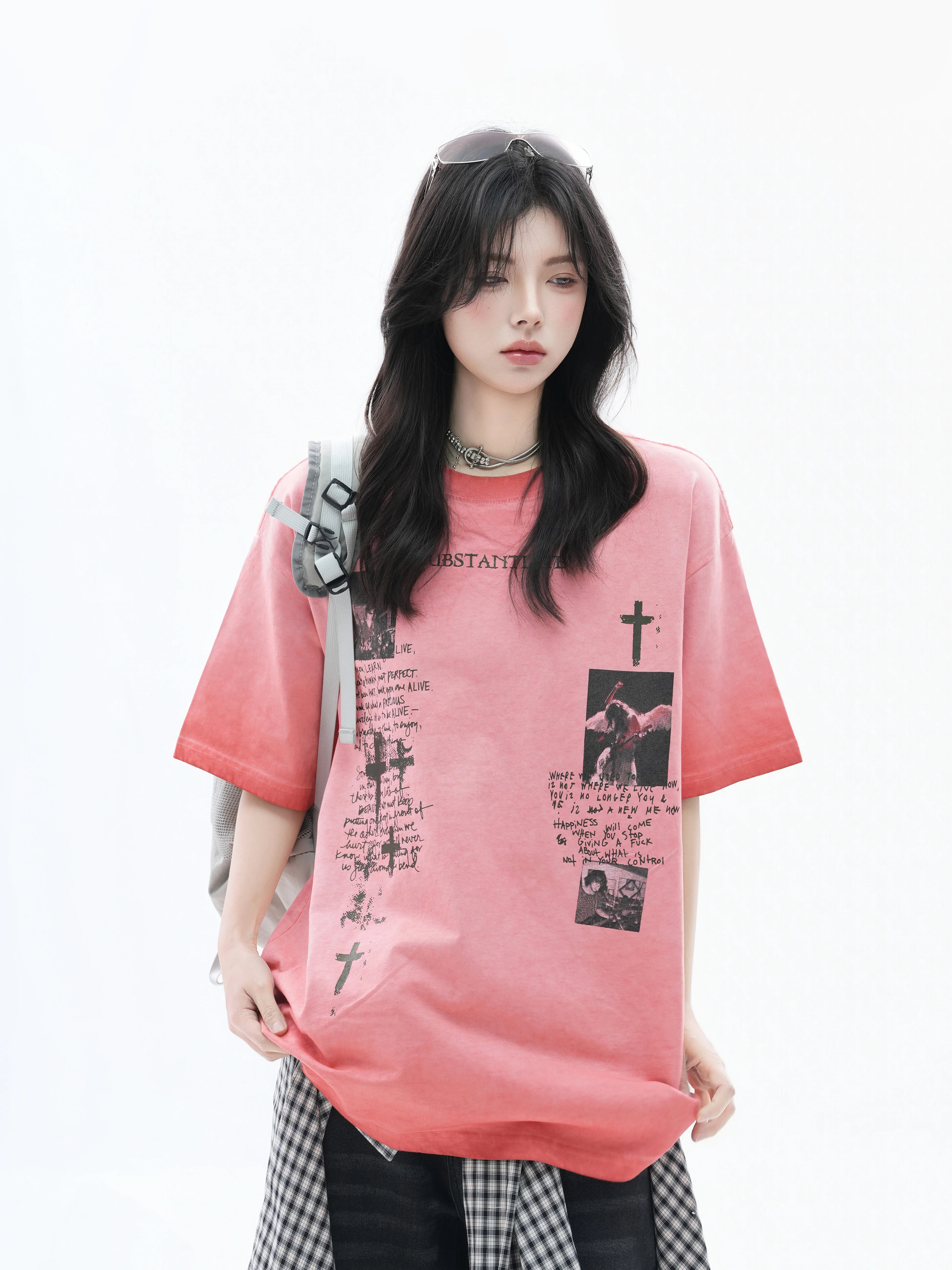 Zuocisankon Cross Printed Loose Tee