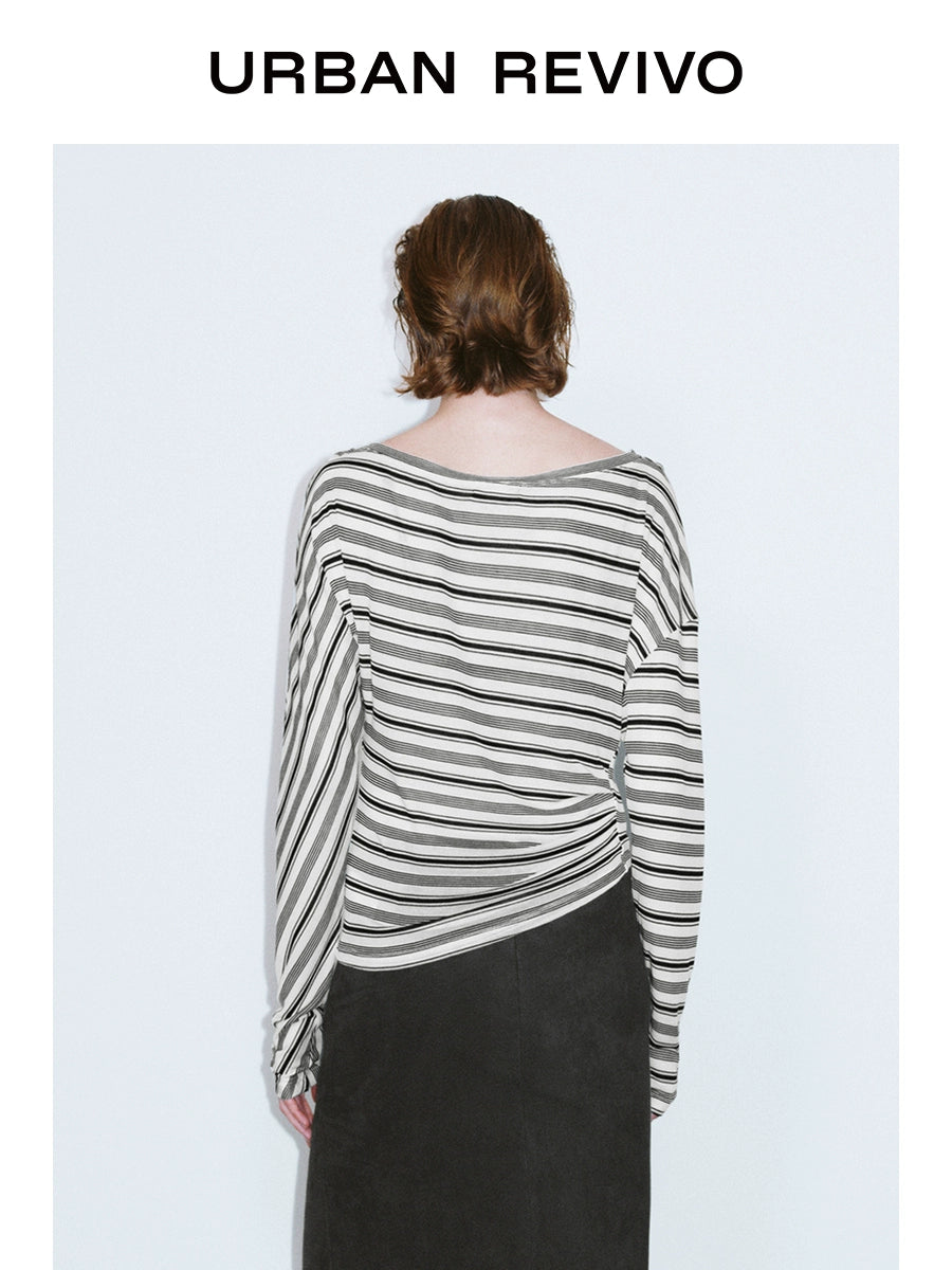 URBAN REVIVO Contrast Striped Slash Neck Pleated Long Sleeve