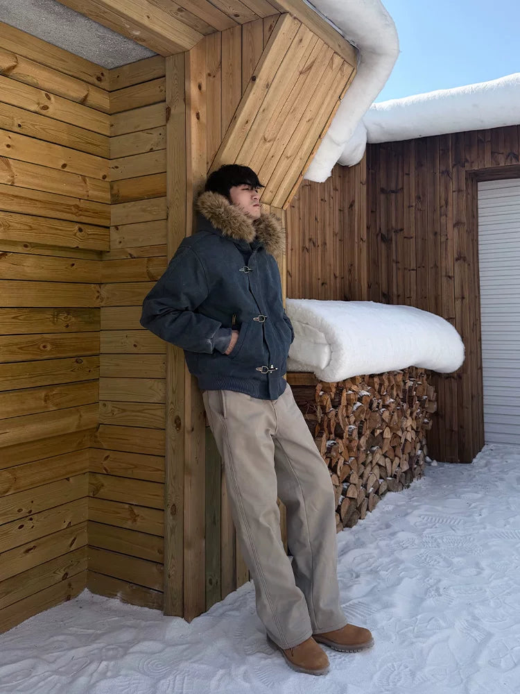 ZOZOFOREST Removable Fur Collar Plush Bead Canvas Seat Mountain Carving Jacket