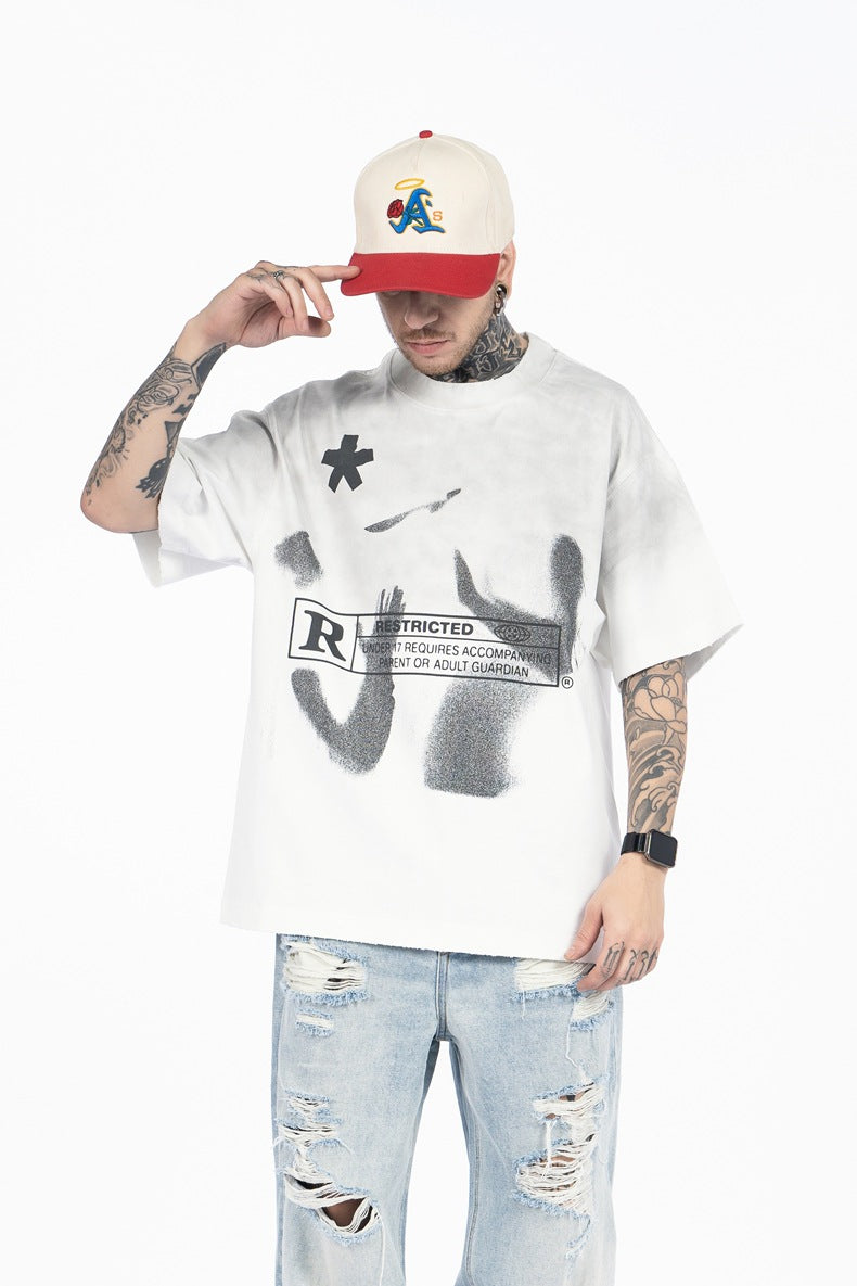 SUPER WAY Letter Printing Gradual Change Spray Color Casual Tee