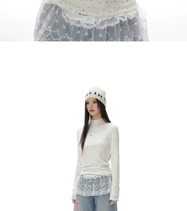 Imone Floral Splicing Hollow Turtleneck Long Sleeve