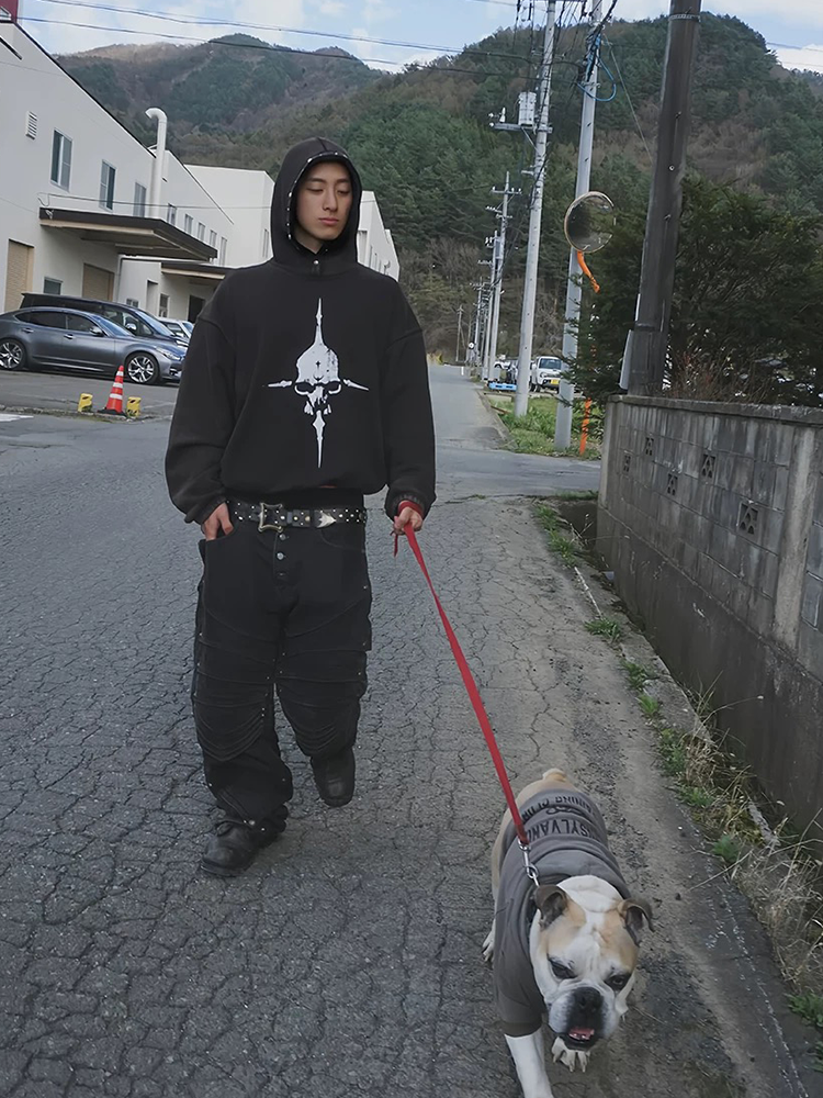 KONOOT Skull Print Washed Rivet Hooded Sweater