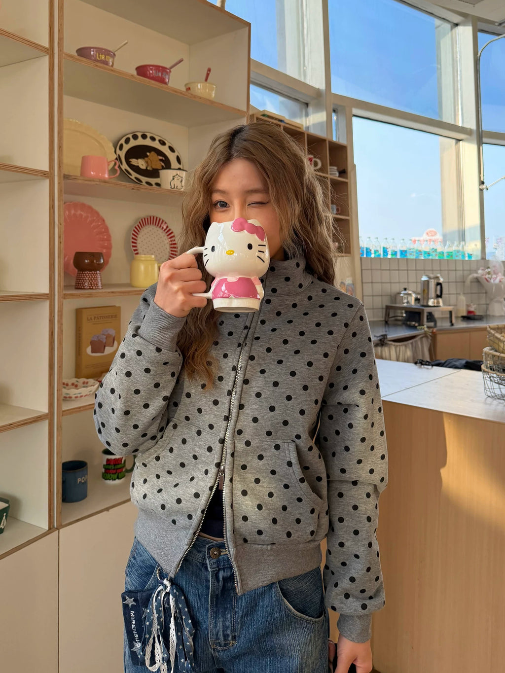 CCYE Front Shoulder Polka Dot Stand-up Sweater Jacket