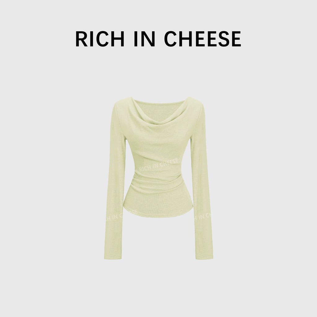 RICH IN CHEESE Pure Desire Swing Neck Knitted Waist Pleated Long Sleeves