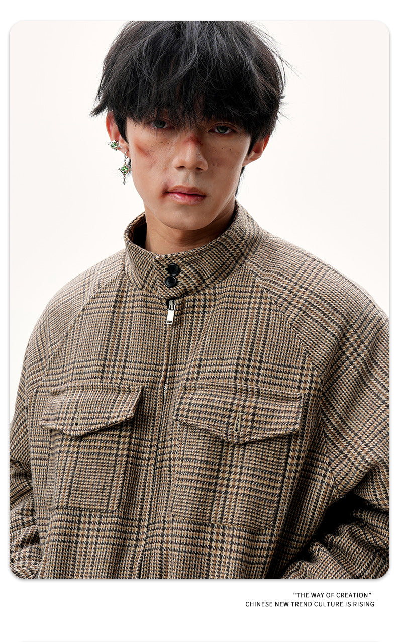 11KN Vintage Plaid Short Wide Zip Jacket