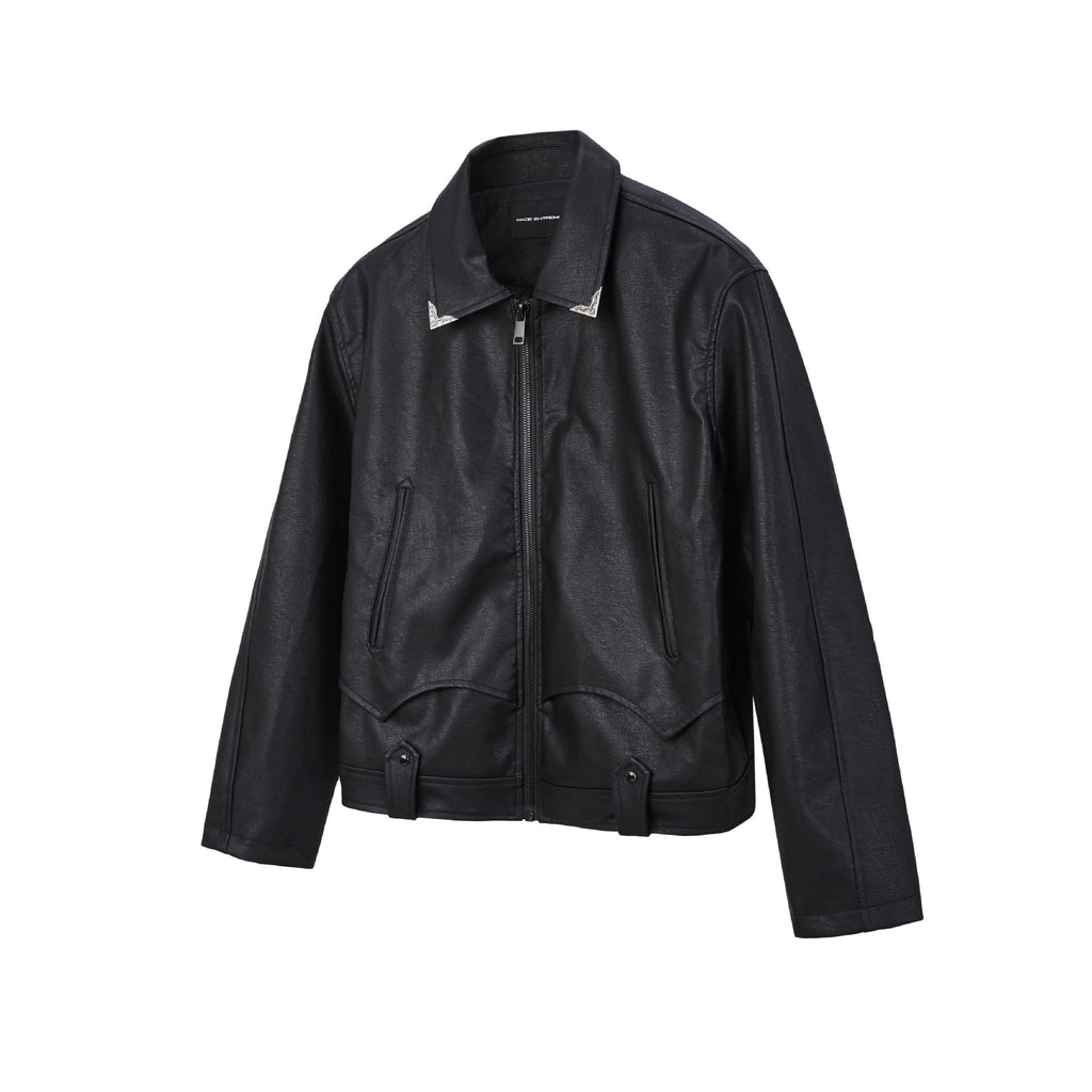 MADEEXTREME Spring Men's Oil Wax UV Crack Texture Retro PU Leather Short Jacket