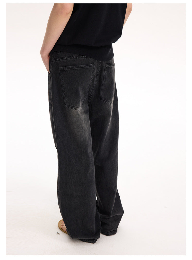 (Clearance) UNF 13.5oz Blockbuster Washed Old Cat Whiskers Baggy Bull Wide Leg Black Jeans