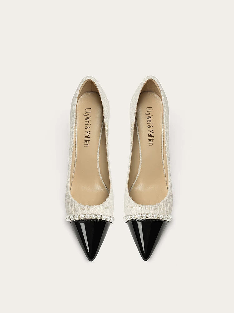 Lily Wei Color Matching Temperament Small Fragrant Style Pearl High Heels