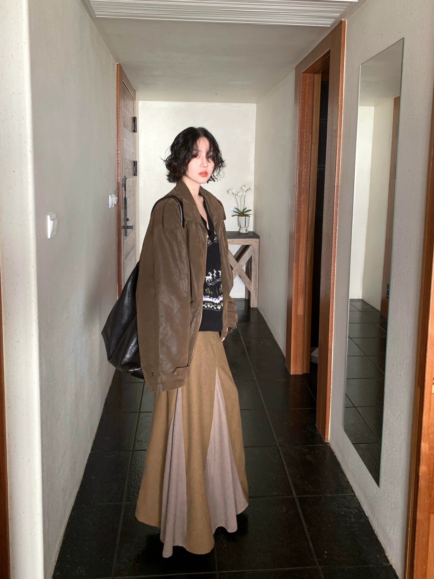 KELIFAN Retro High-waisted Woolen Splicing Big Swing Skirt