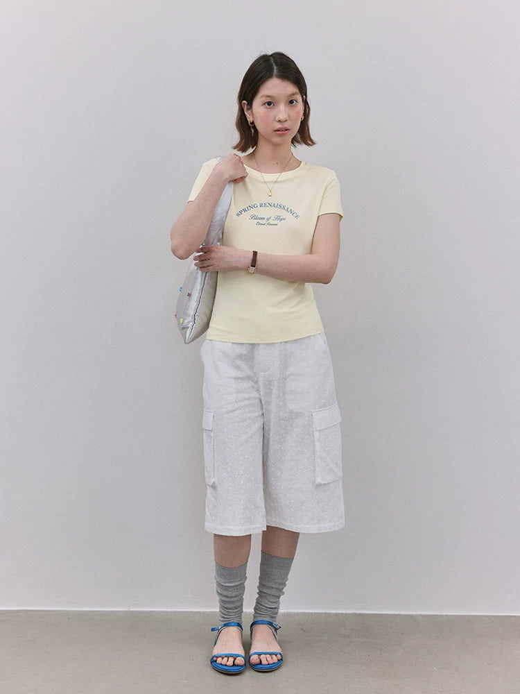 VOOE Letter Print Front Shoulder Crew Neck Versatile Tee