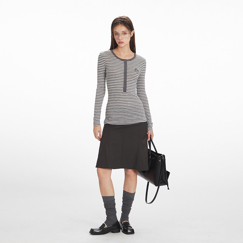 Nariele Henry Collar Slim Skinny Striped Long Sleeves