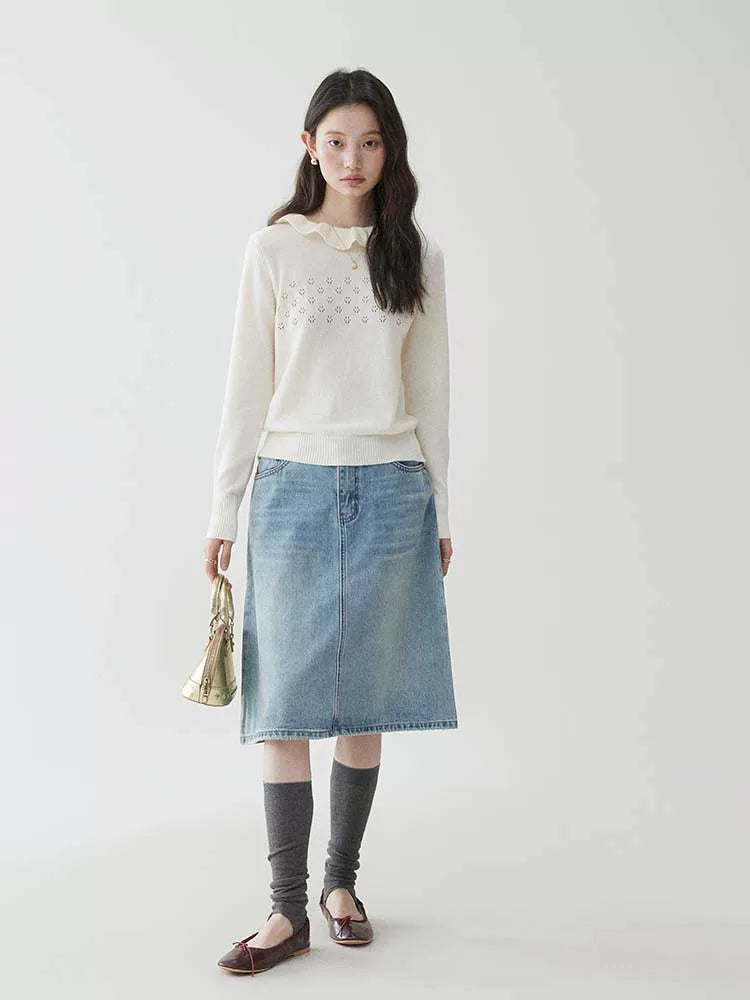 VOOE Lace Round Neck Hollow Long Sleeve