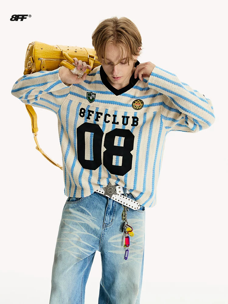 8FF Retro Embroidered Short Loose Casual Striped Long Sleeve
