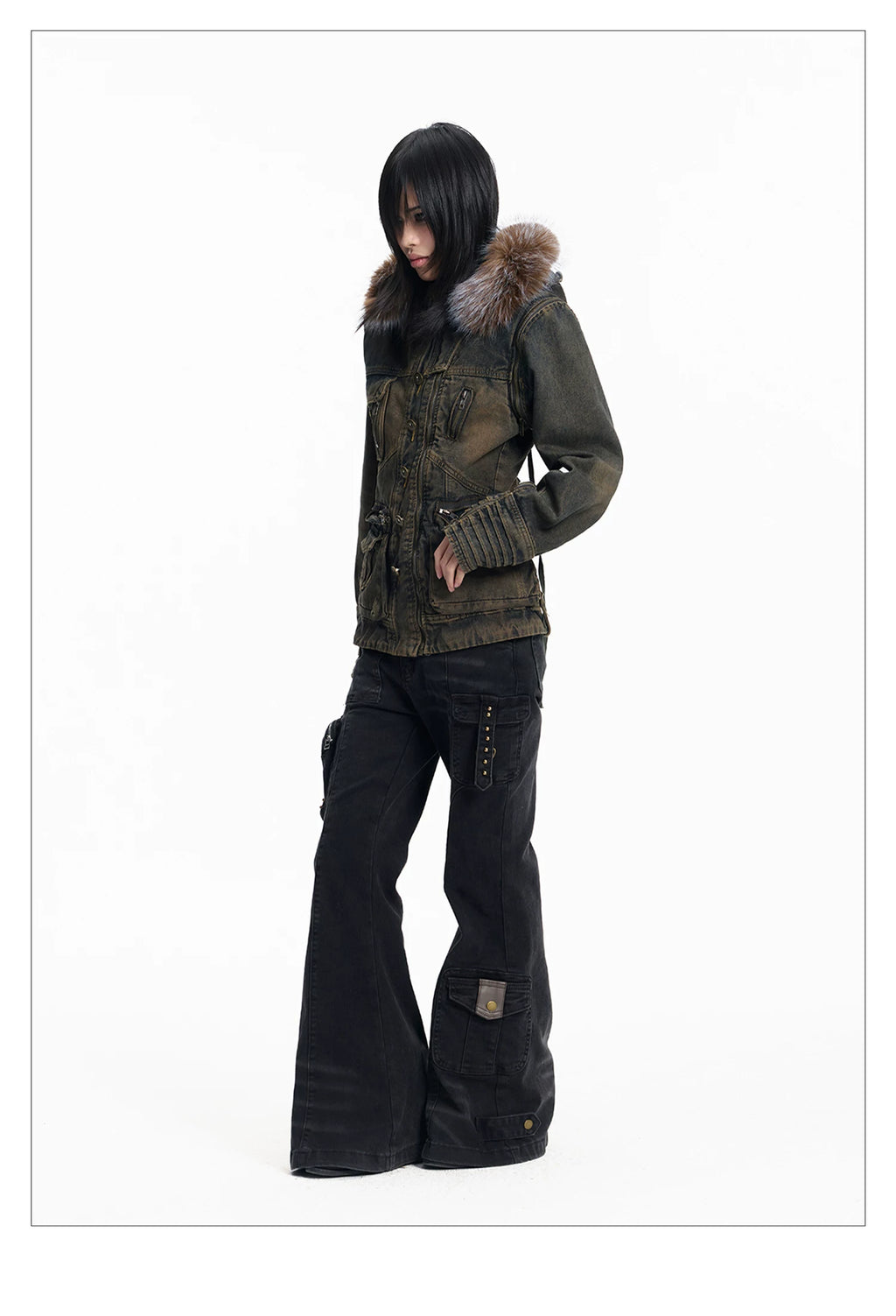 Lightinus Removable Sleeve Fur Collar Two Wear Strap Waist Denim Jacket