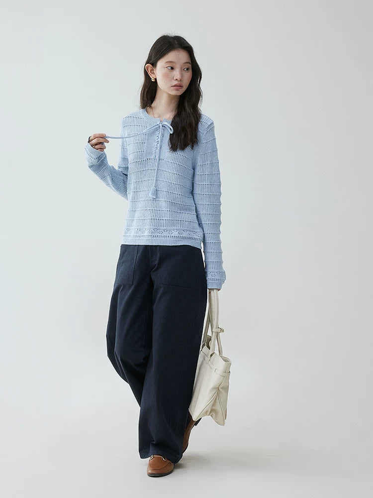 VOOE Strap-on Crew Neck Hollow Pullover Sweater