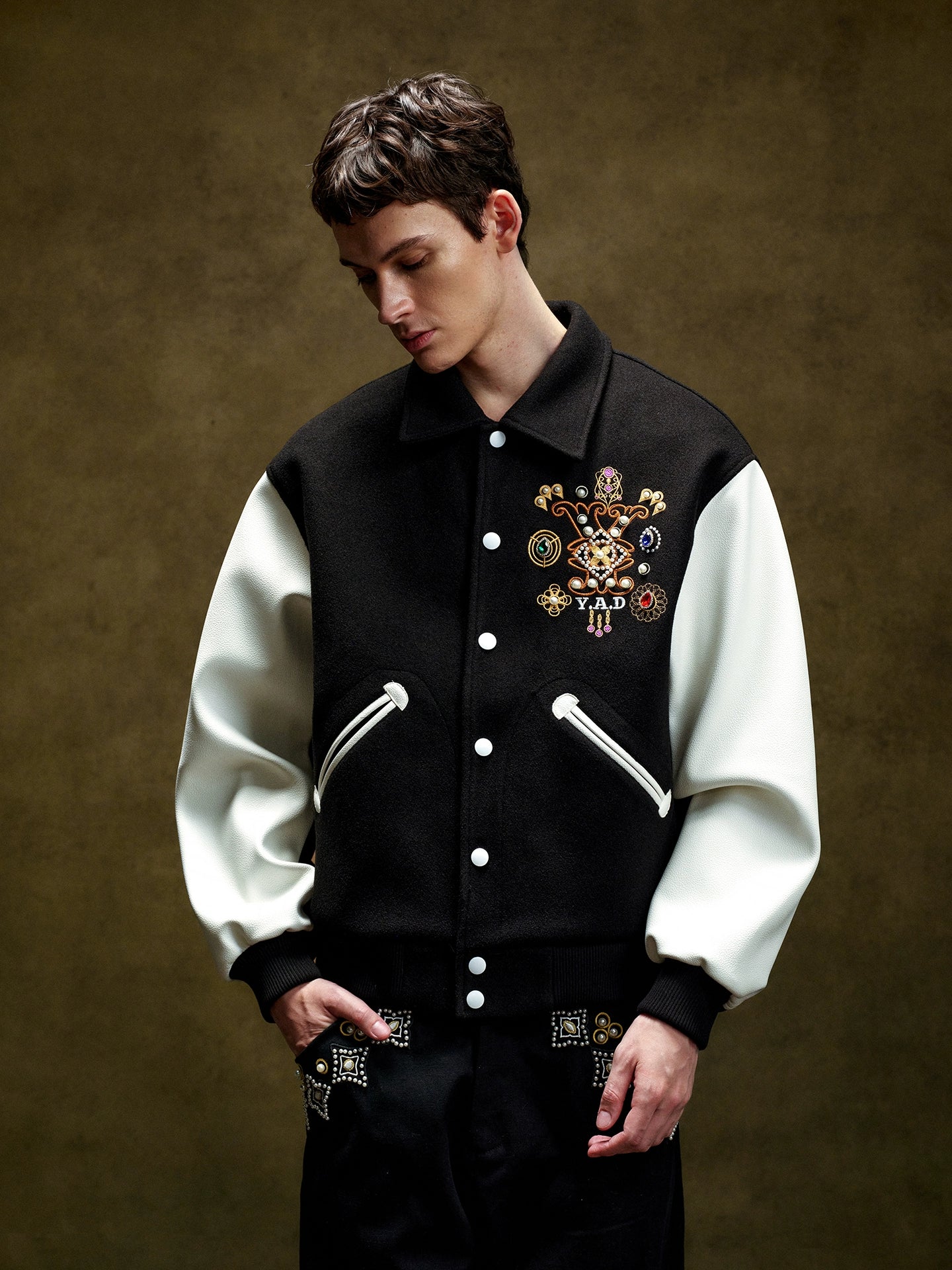 YADcrew Vintage Colorful Jewel Cross Lapel Baseball Jacket