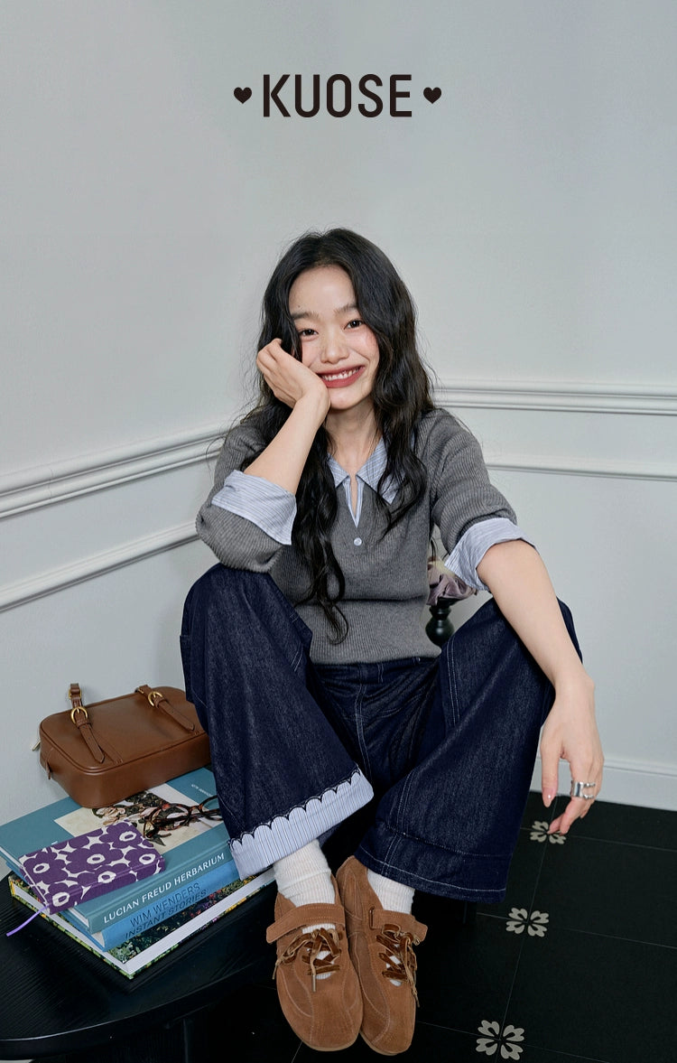 Kuose Striped Lace Casual Straight Jeans