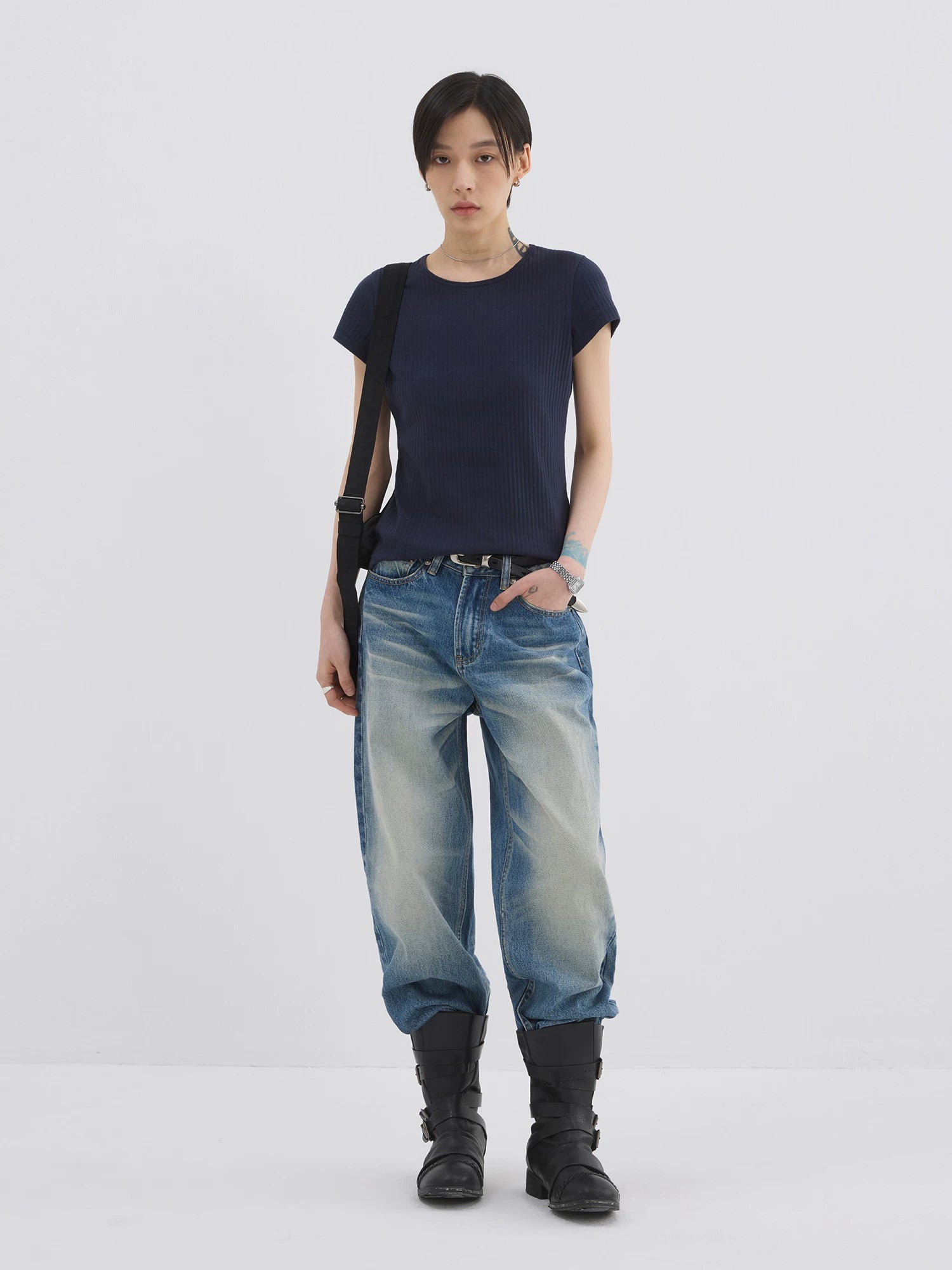 Sameuoo Front Shoulder Slim Fit Small Neckline Sports Tee