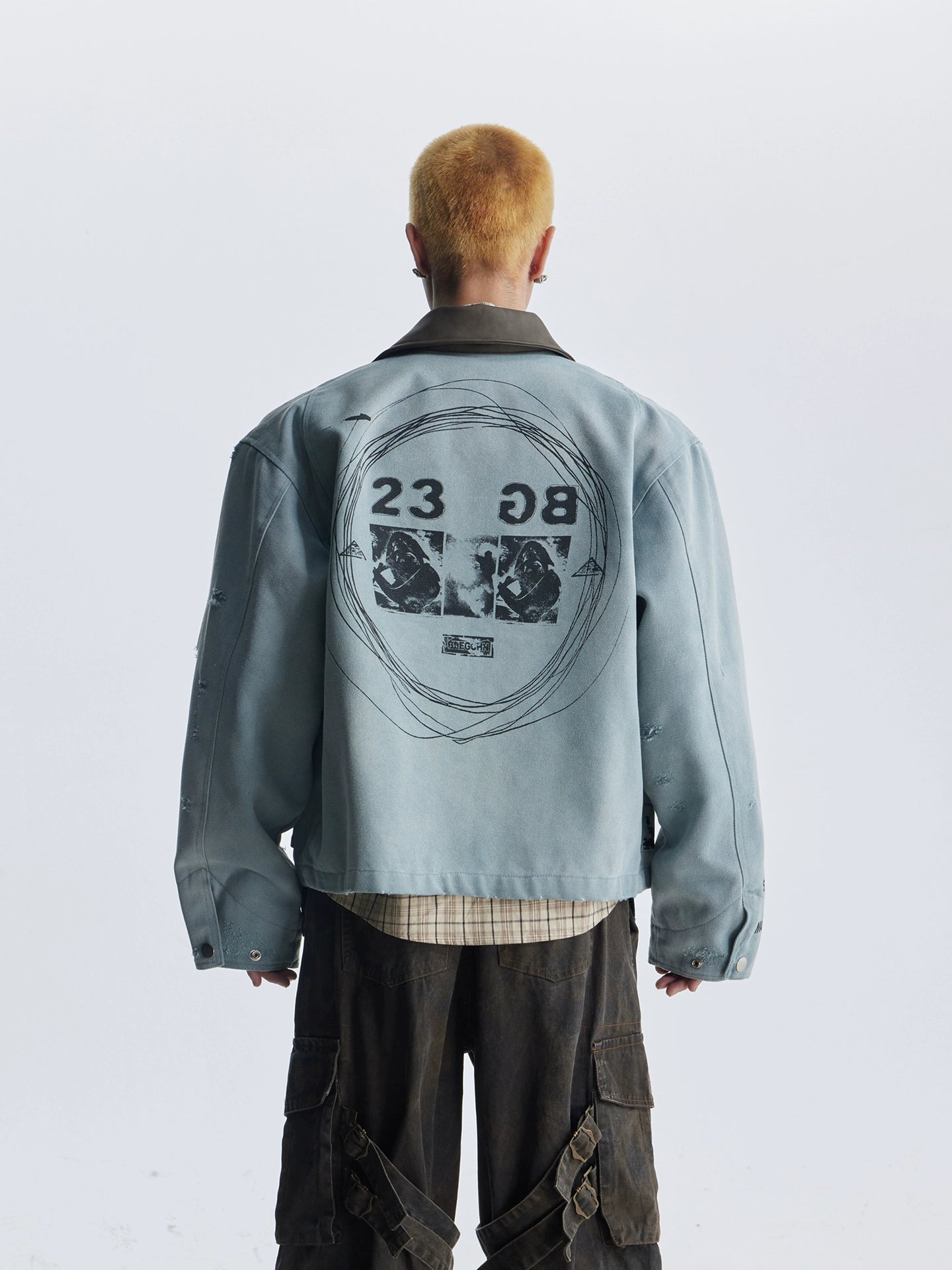 NOMANIAI Vintage Double-sided Print Lapel-neck Leather-neck Zip-up Jacket