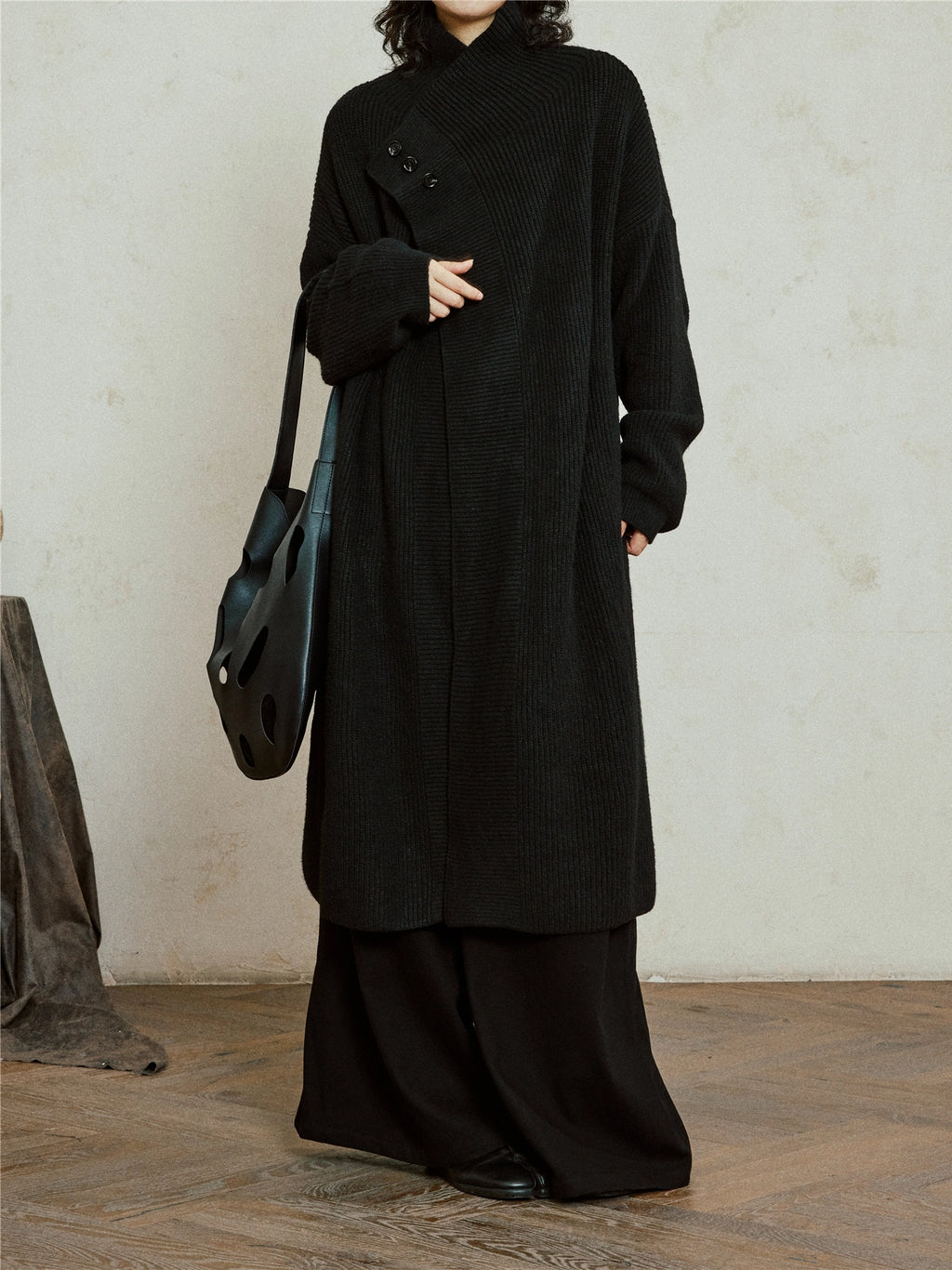 SUNYVONNE Irregular Swinging Collar Long Sweater Jacket