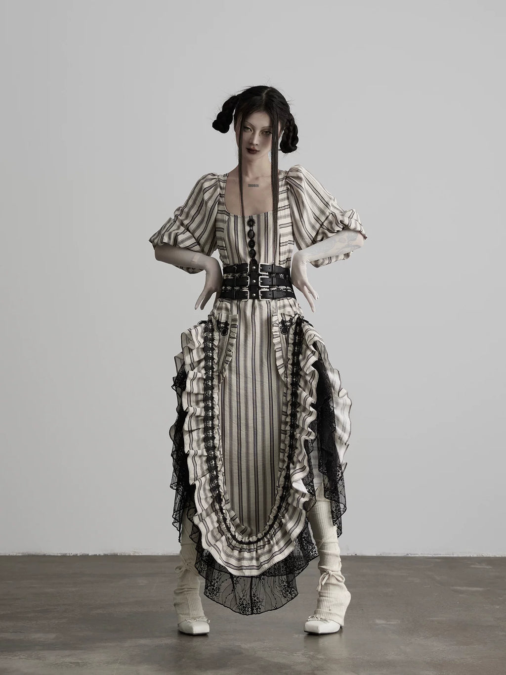INDULGE Striped Square Neck Lace Patchwork Dress