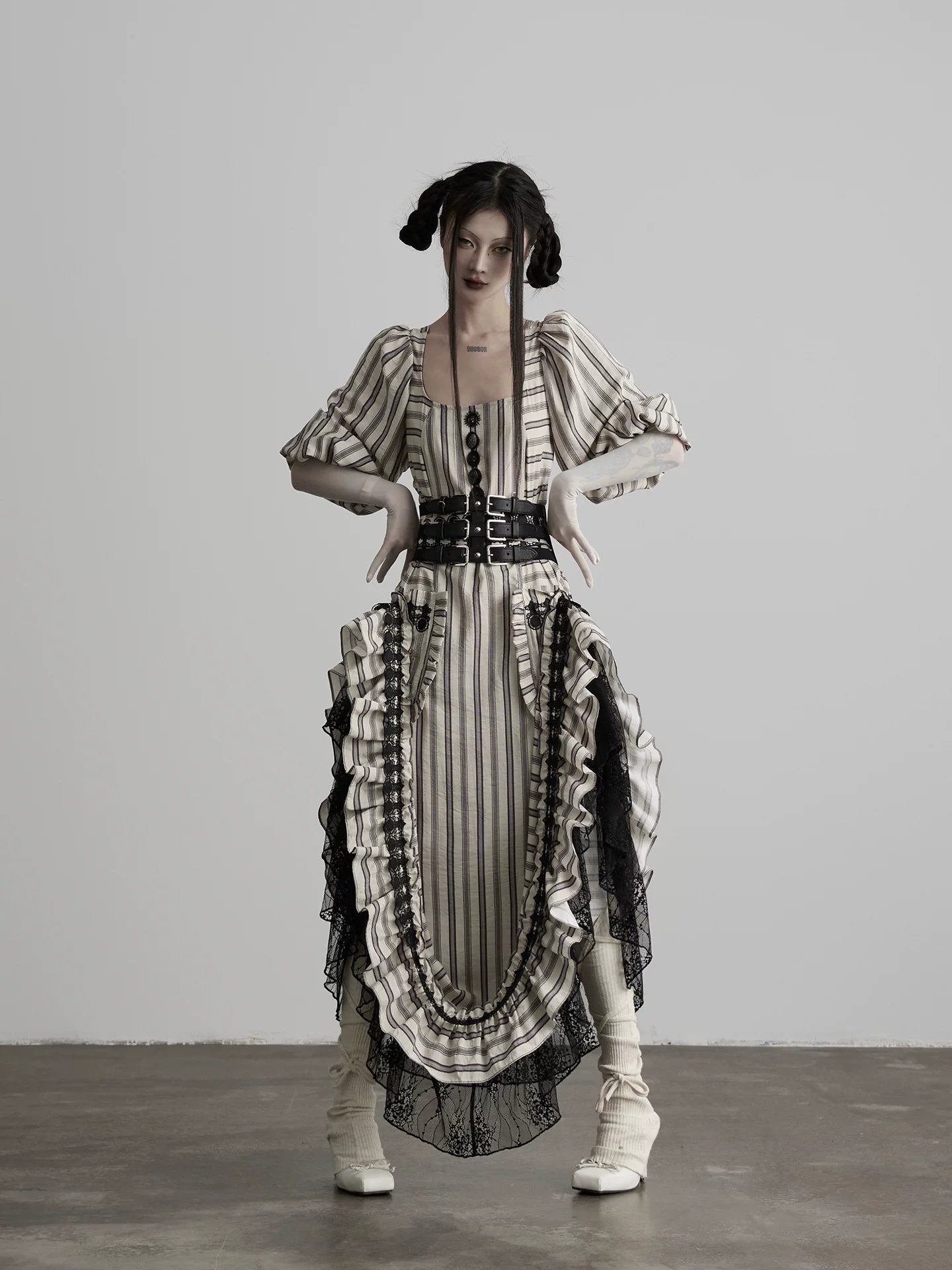 INDULGE Striped Square Neck Lace Patchwork Dress