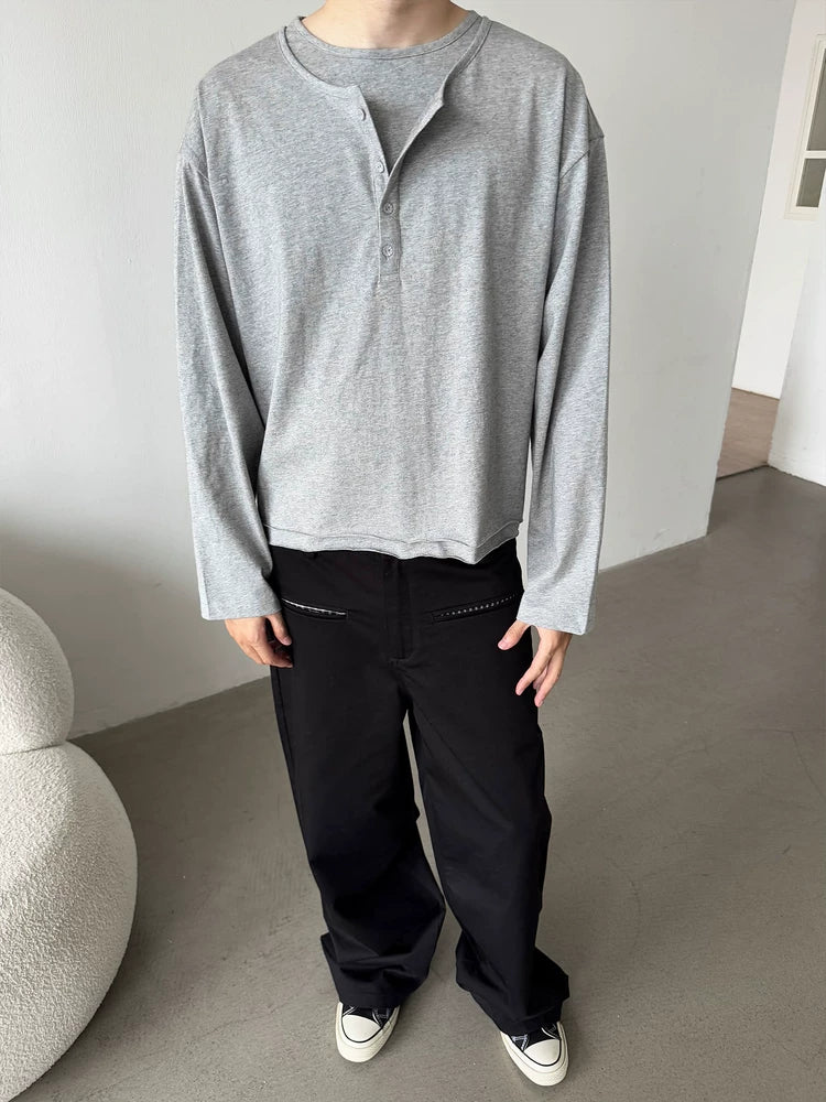 Erole Henry Double Neck Solid Color Long Sleeve T-Shirt