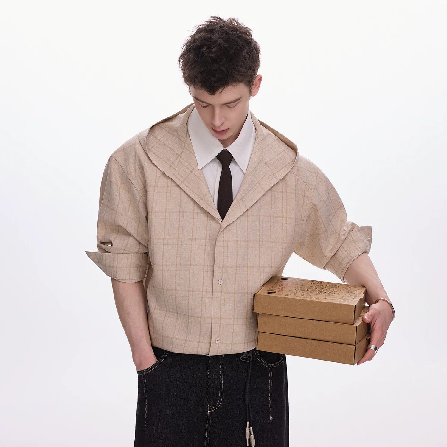 CHOR Double Neck Hooded Checked Fake Two-piece Long Sleeve Shirt