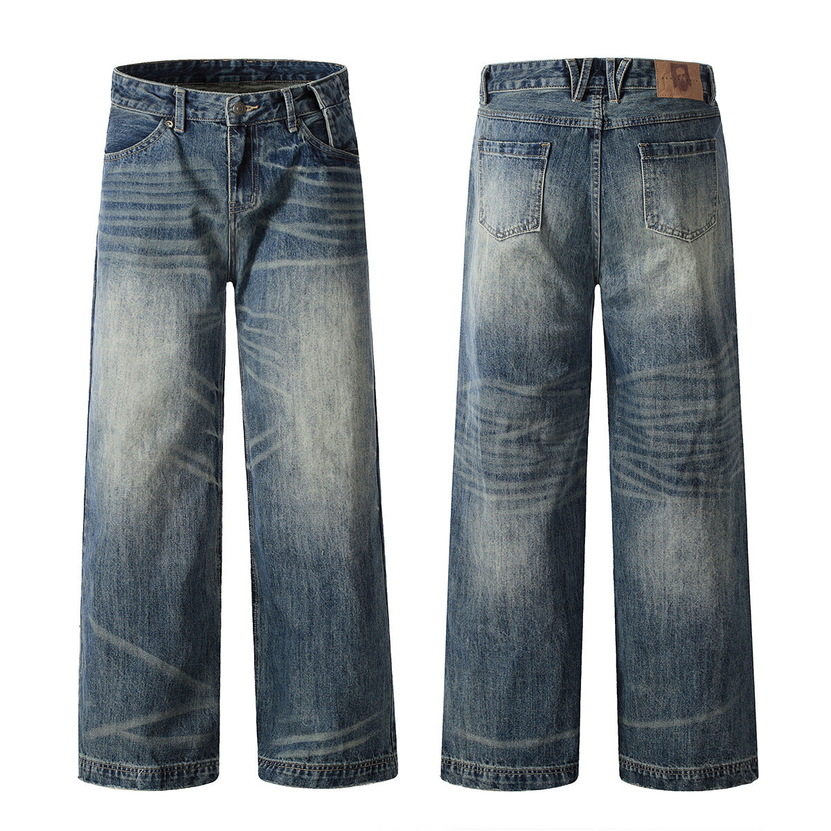 11KN American Retro Cleanfi Heavy High Street Washed Blue Loose Straight Wide Leg Long Jeans