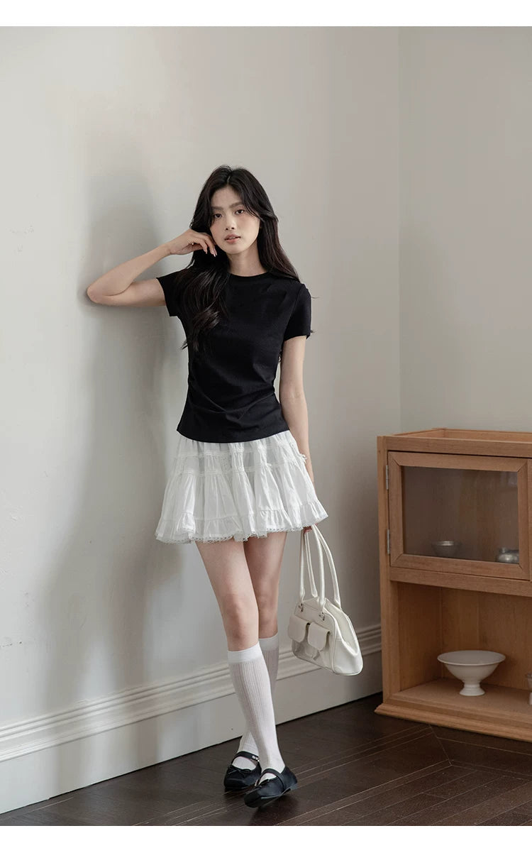 XUJING Pleated Front Shoulder Slim and Thin Tee