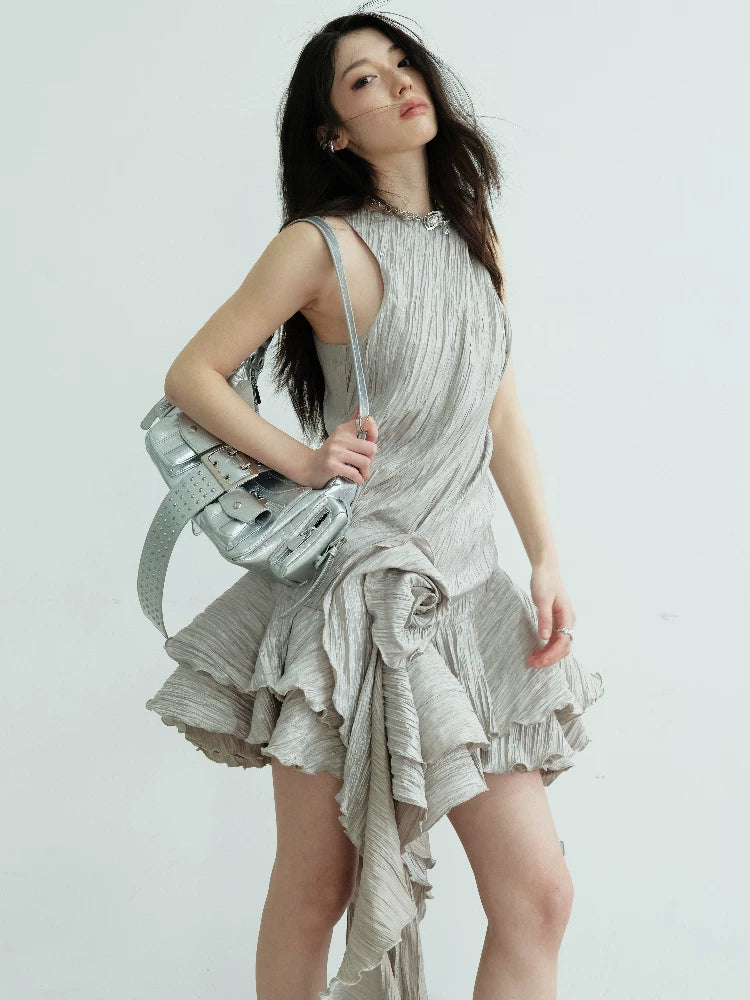 JNYLON Vintage Pleated Irregular Ruffle Dress