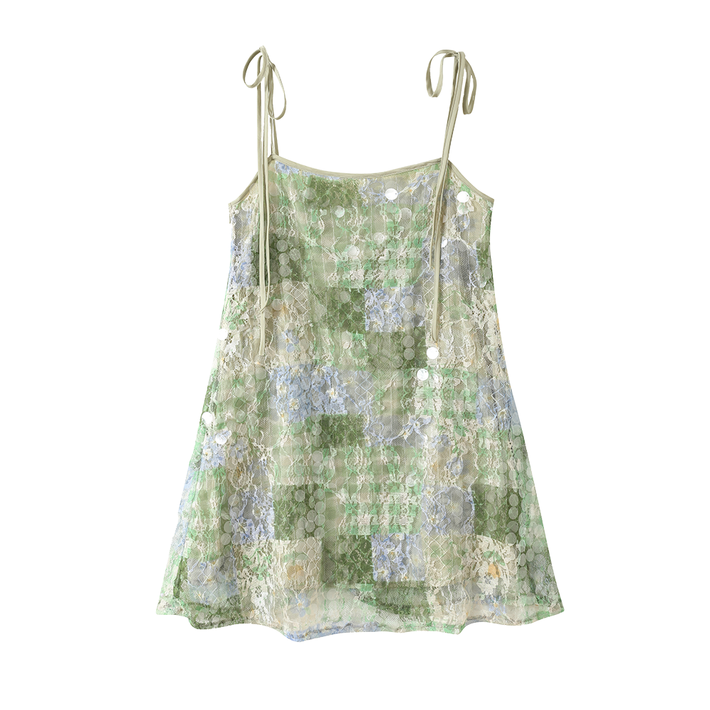 SASSY MOODY Sequined Suspender Temperament Lace Vacation A-word Dress