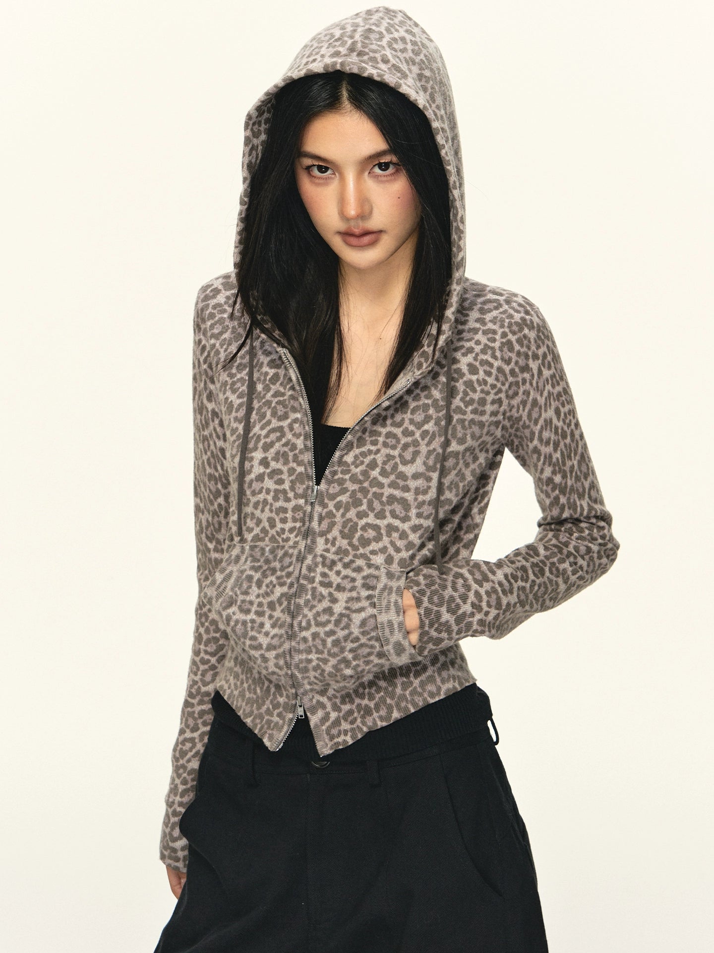 Anna Aneae Leopard Print Hooded Short Casual Slim Jacket