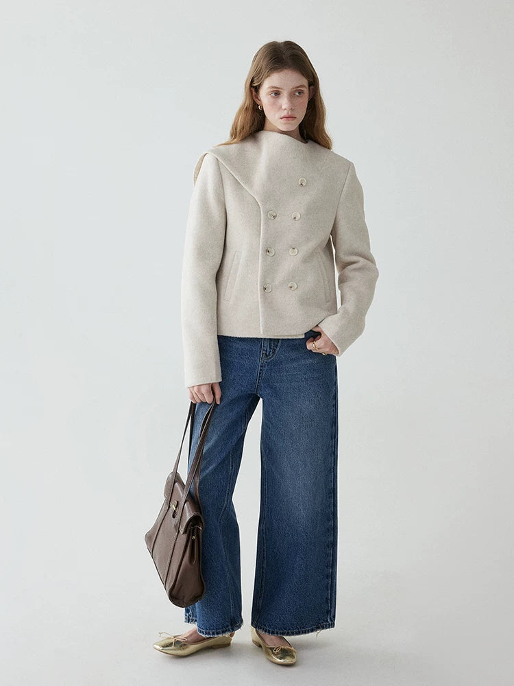 VOOE Scarf Collar Double-breasted Front-shoulder Woolen Jacket