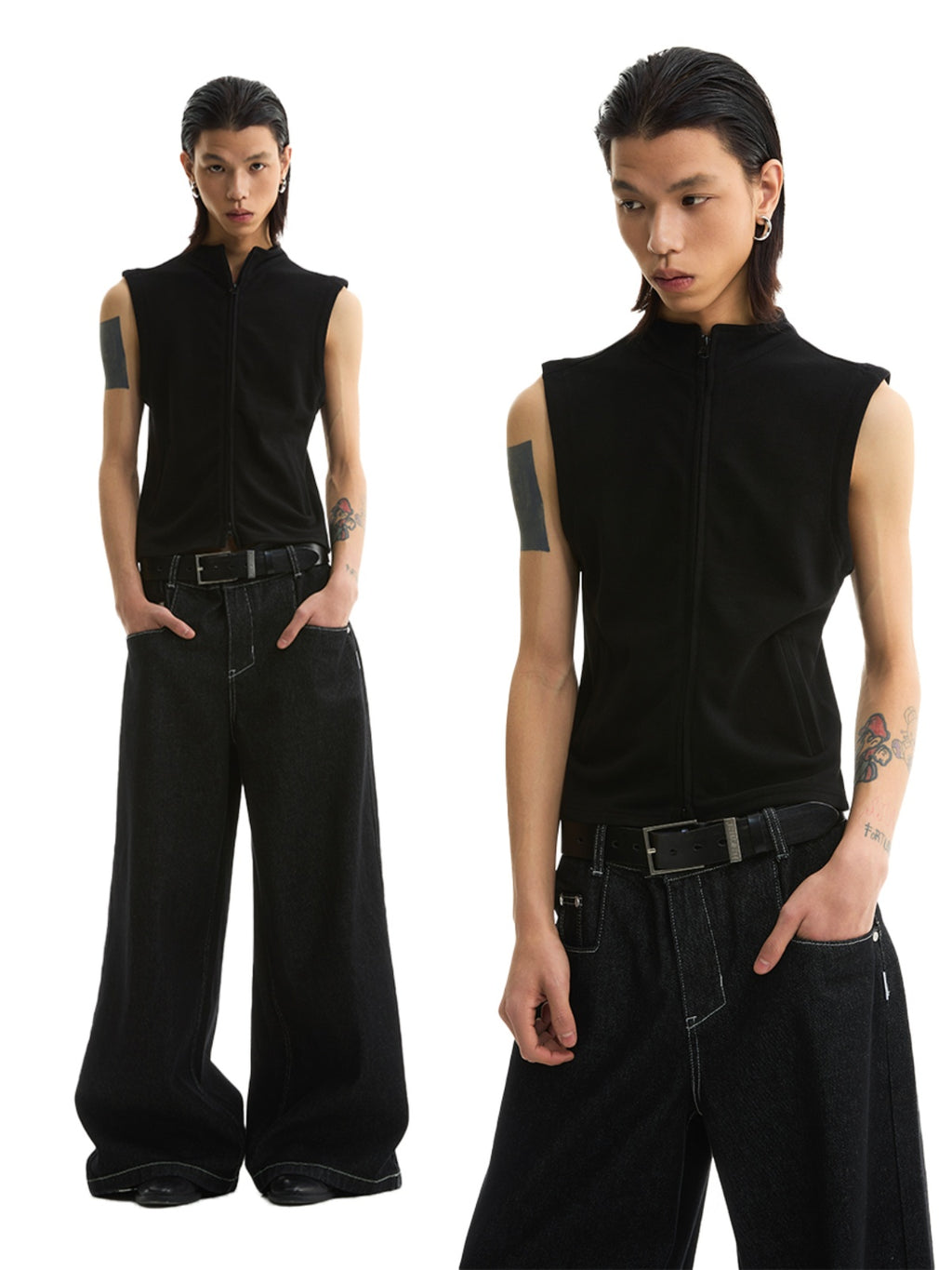 FUNKYFUN Waist Stand-up Collar Double Zipper Cardigan Vest