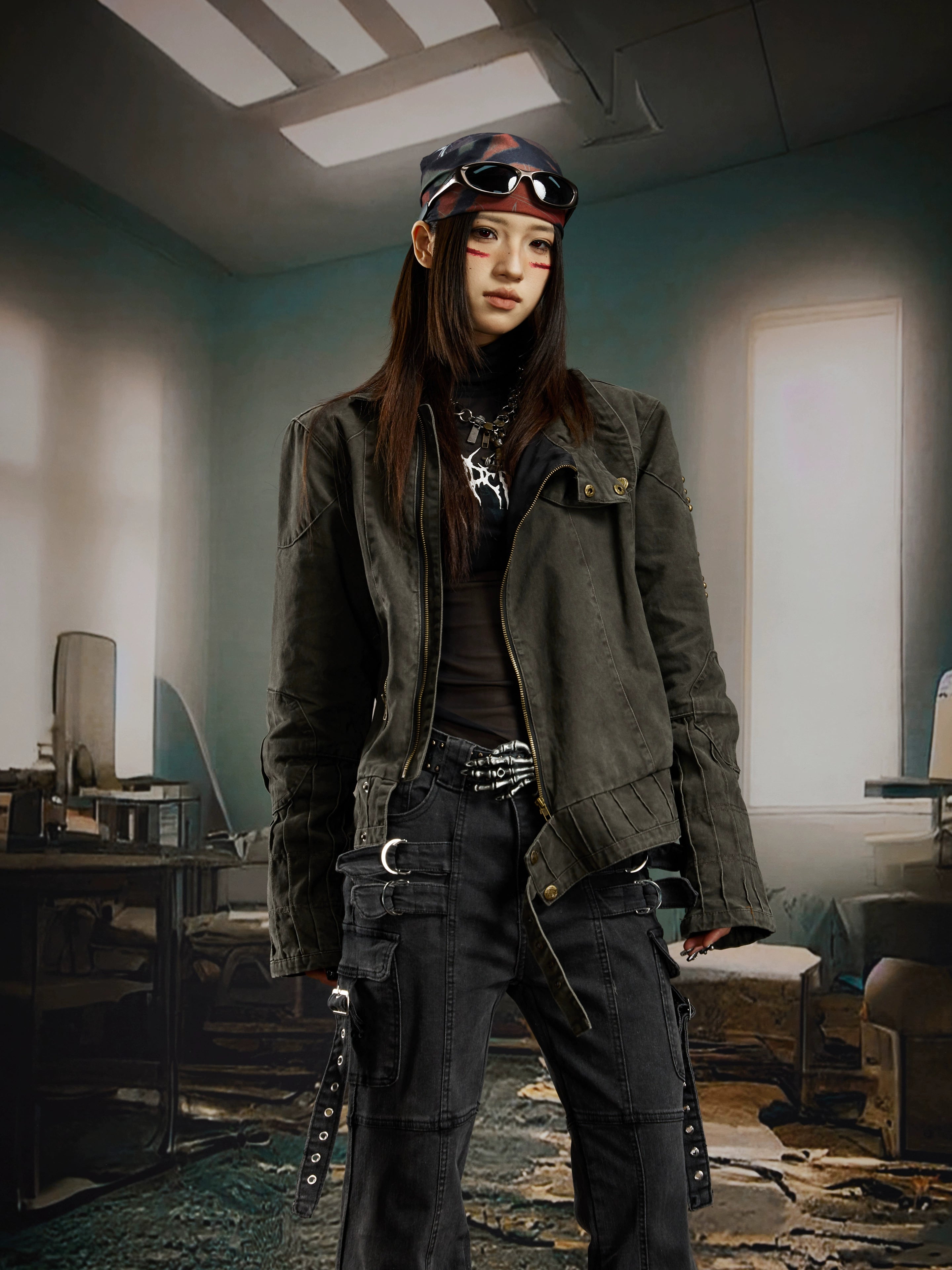 NOMANIAI Old Embroidered Bronze Rivet Short Denim Jacket